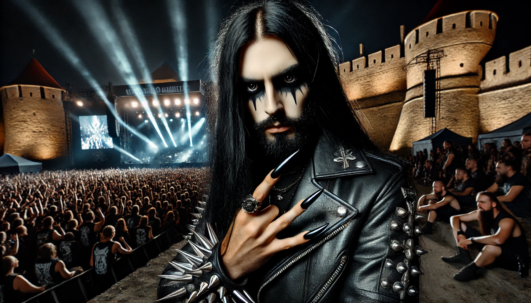 A close-up of a black metalhead man with long black nails and smokey eye makeup at the Brutal Assault festival. The fortress and night stage lights provide a dramatic backdrop.