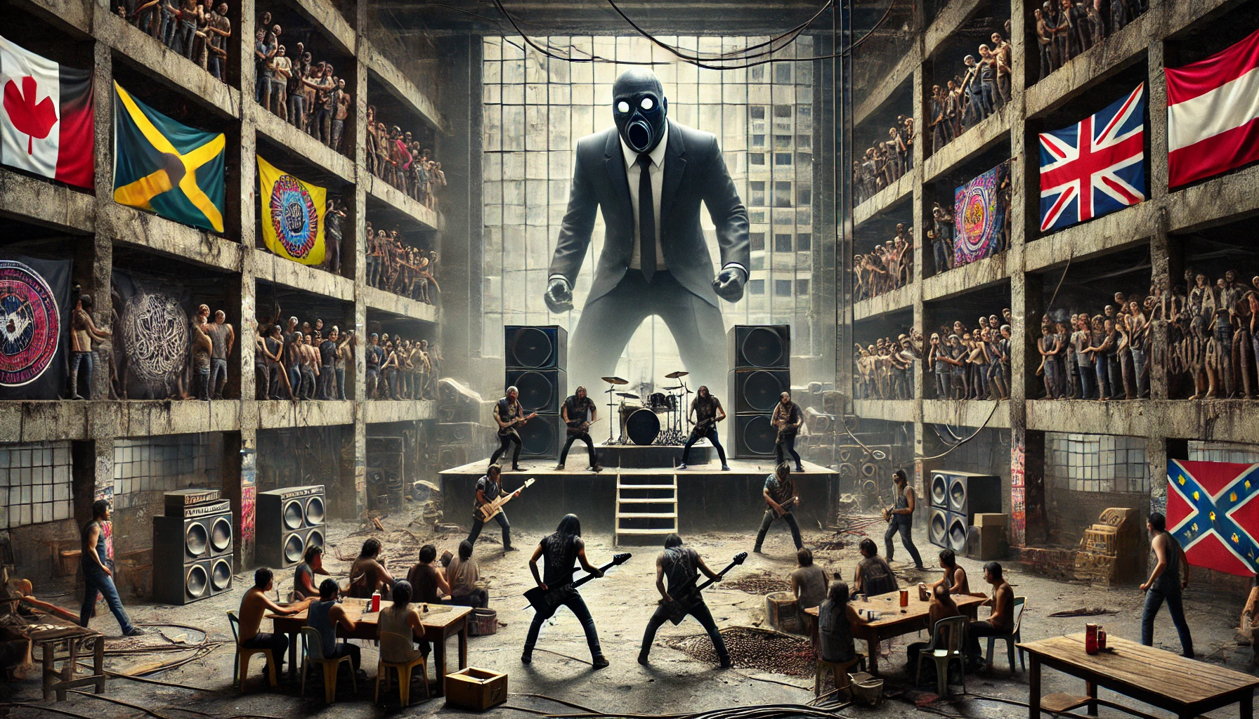 A metal band performs in an underground venue with local flags fading as a faceless corporate figure towers in the background, symbolizing the critique of globalization in metal.