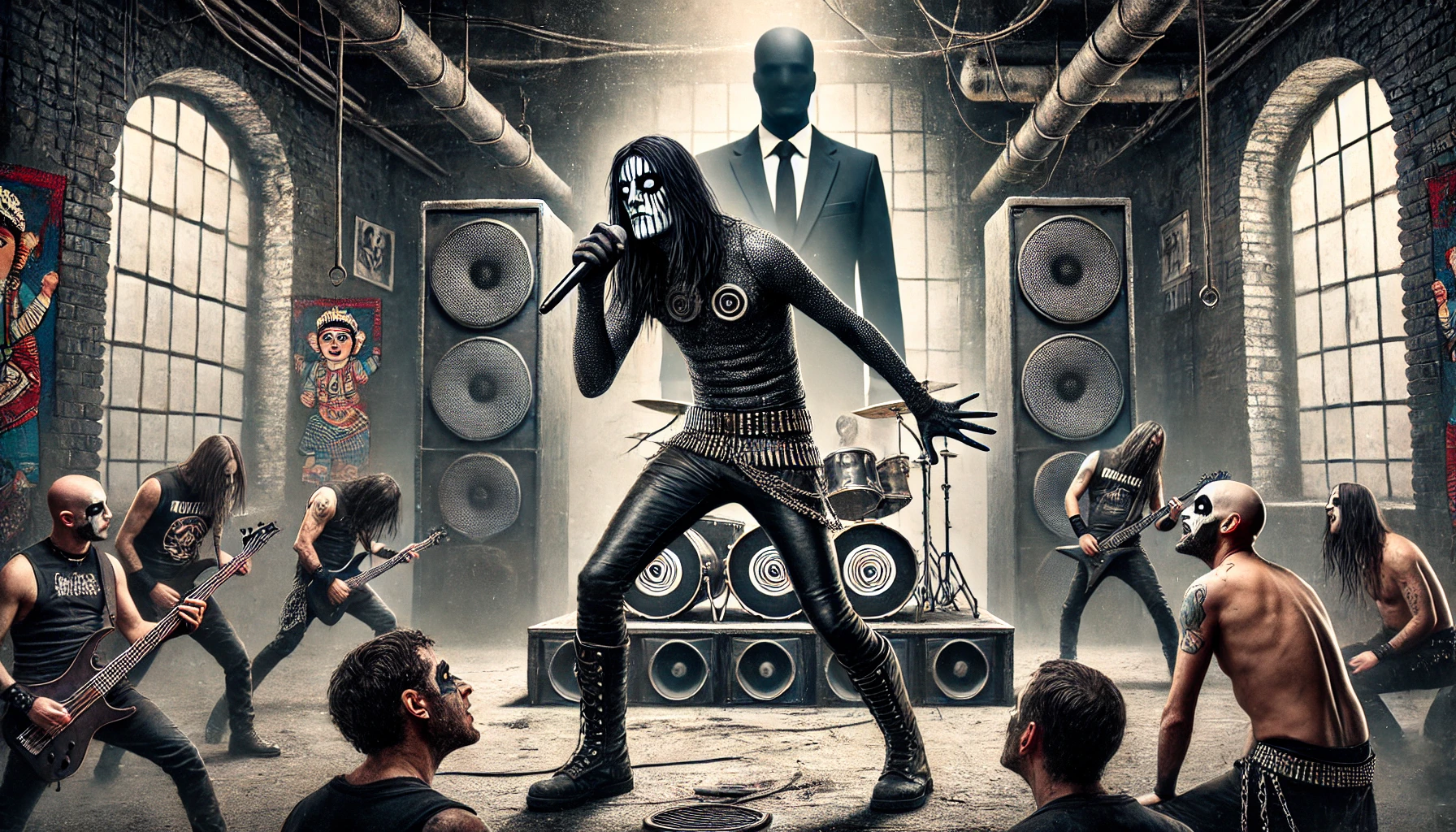 Metalhead vocalist with black nails and gothic makeup performing in a grungy venue, with a corporate figure looming in the background, representing the globalization threat to metal.
