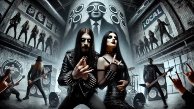 Gothic metalhead couple standing in front of a metal band in a gritty underground venue, with a towering corporate figure symbolizing globalization's effect on cultural identity in metal.