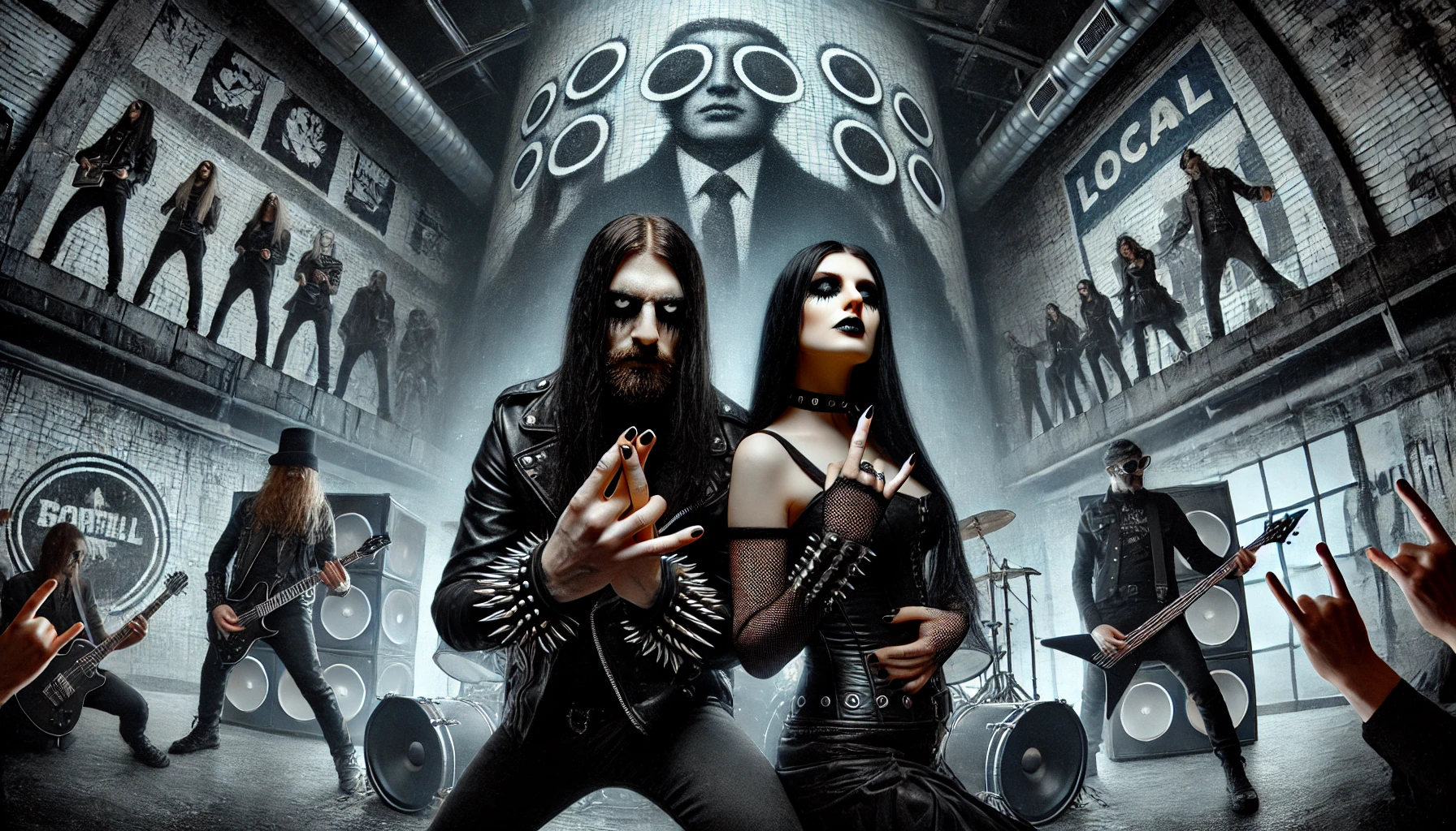 Gothic metalhead couple standing in front of a metal band in a gritty underground venue, with a towering corporate figure symbolizing globalization's effect on cultural identity in metal.