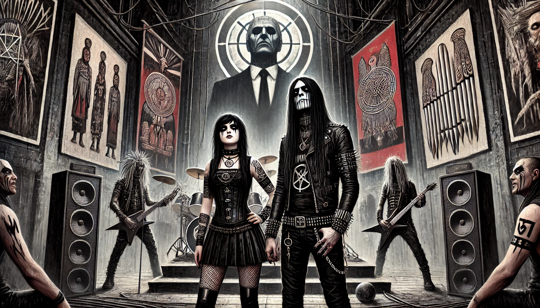 Gothic metalhead couple performing in a dark underground venue, with fading cultural symbols and a faceless corporate figure looming in the background, representing the erosion of cultural identity due to globalization.