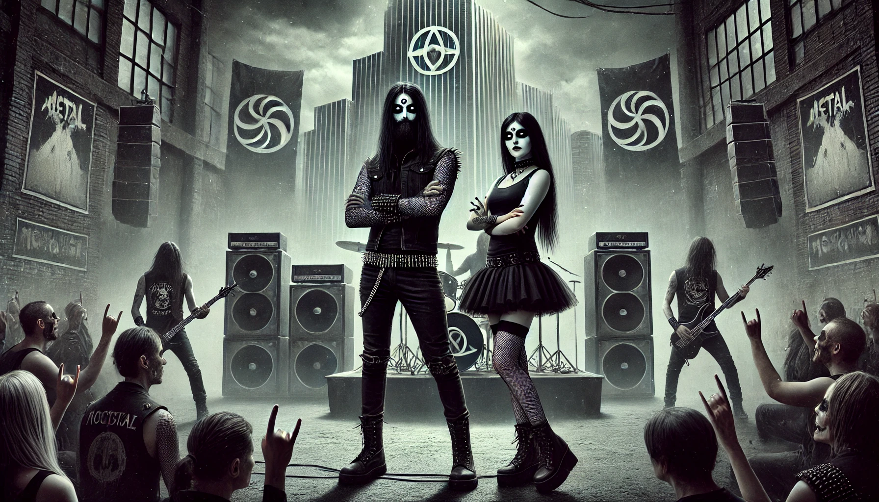 Gothic metalhead man and woman standing together in front of a metal band in a gritty underground venue, with a towering corporate figure symbolizing globalization.
