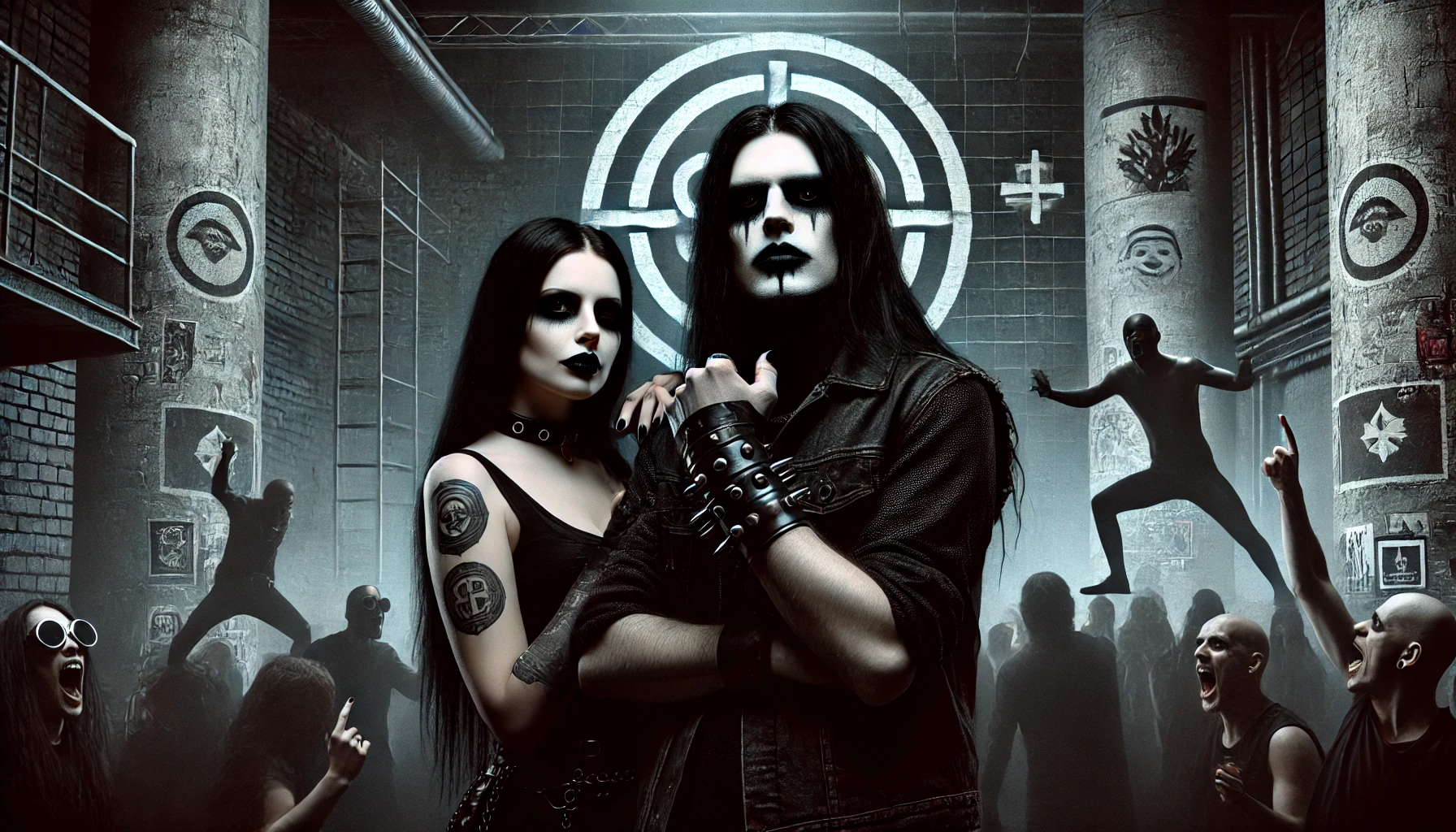 Dark and gritty scene of a metalhead couple standing in a fading underground venue, with corporate influence looming, representing the impact of globalization on metal.