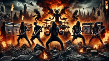 Battledragon band playing on a massive stage during a dystopian concert with lightning striking the sky. A crowd of metal fans headbangs below as gothic skull-adorned towers rise behind the band, creating a stormy and chaotic atmosphere filled with flames and destruction.