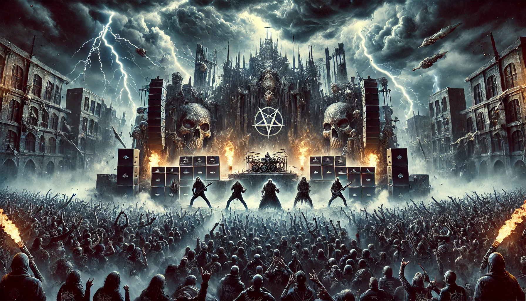 Battledragon band playing on a massive stage during a dystopian concert with lightning striking the sky. A crowd of metal fans headbangs below as gothic skull-adorned towers rise behind the band, creating a stormy and chaotic atmosphere filled with flames and destruction.