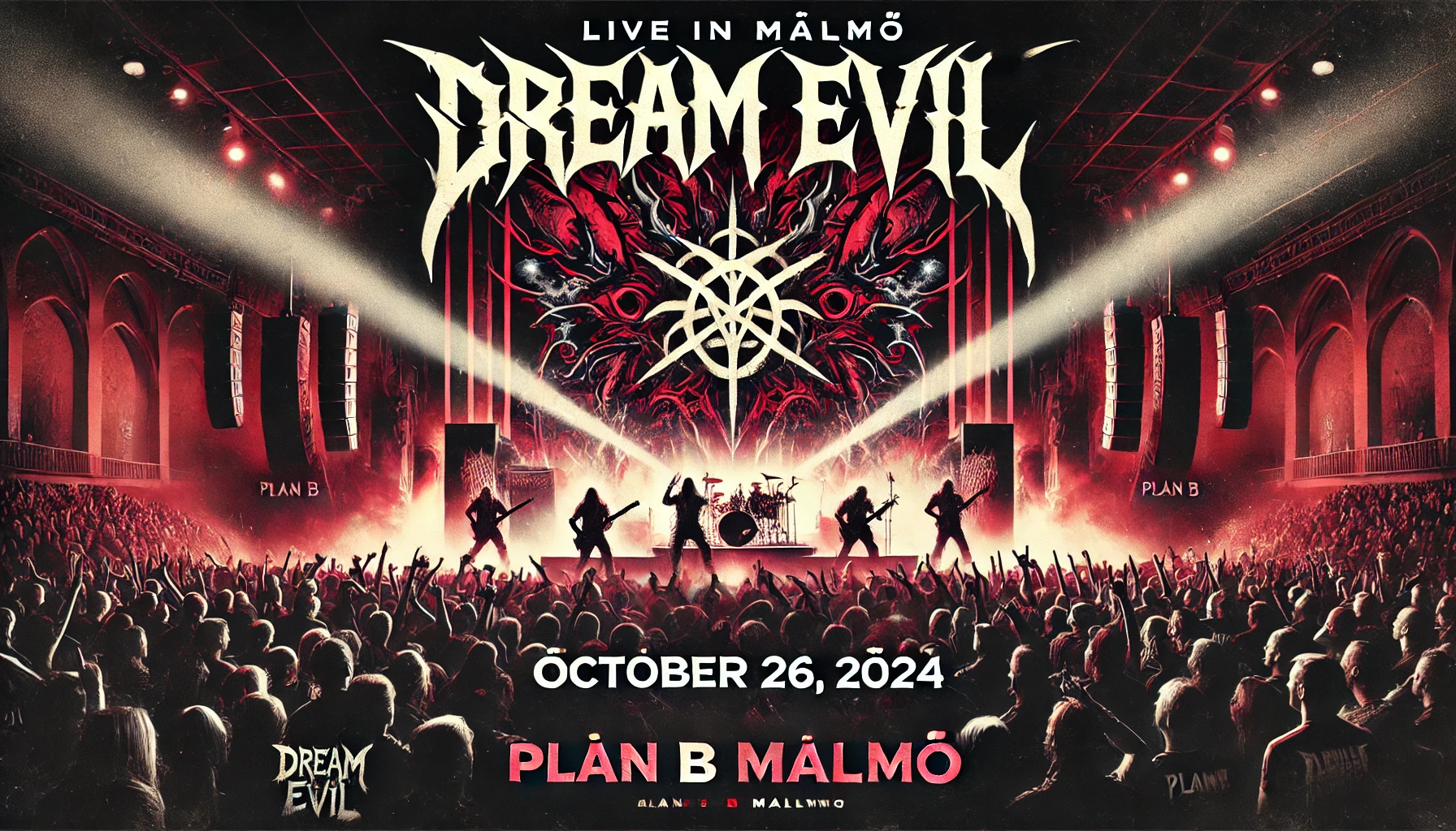 Concert poster for Dream Evil Live in Malmö, October 26, 2024, at Plan B. The poster features a dark, intense atmosphere with a metal band silhouette, blinding stage lights, and a crowd of metal fans raising their hands. Bold gothic fonts highlight the event details.