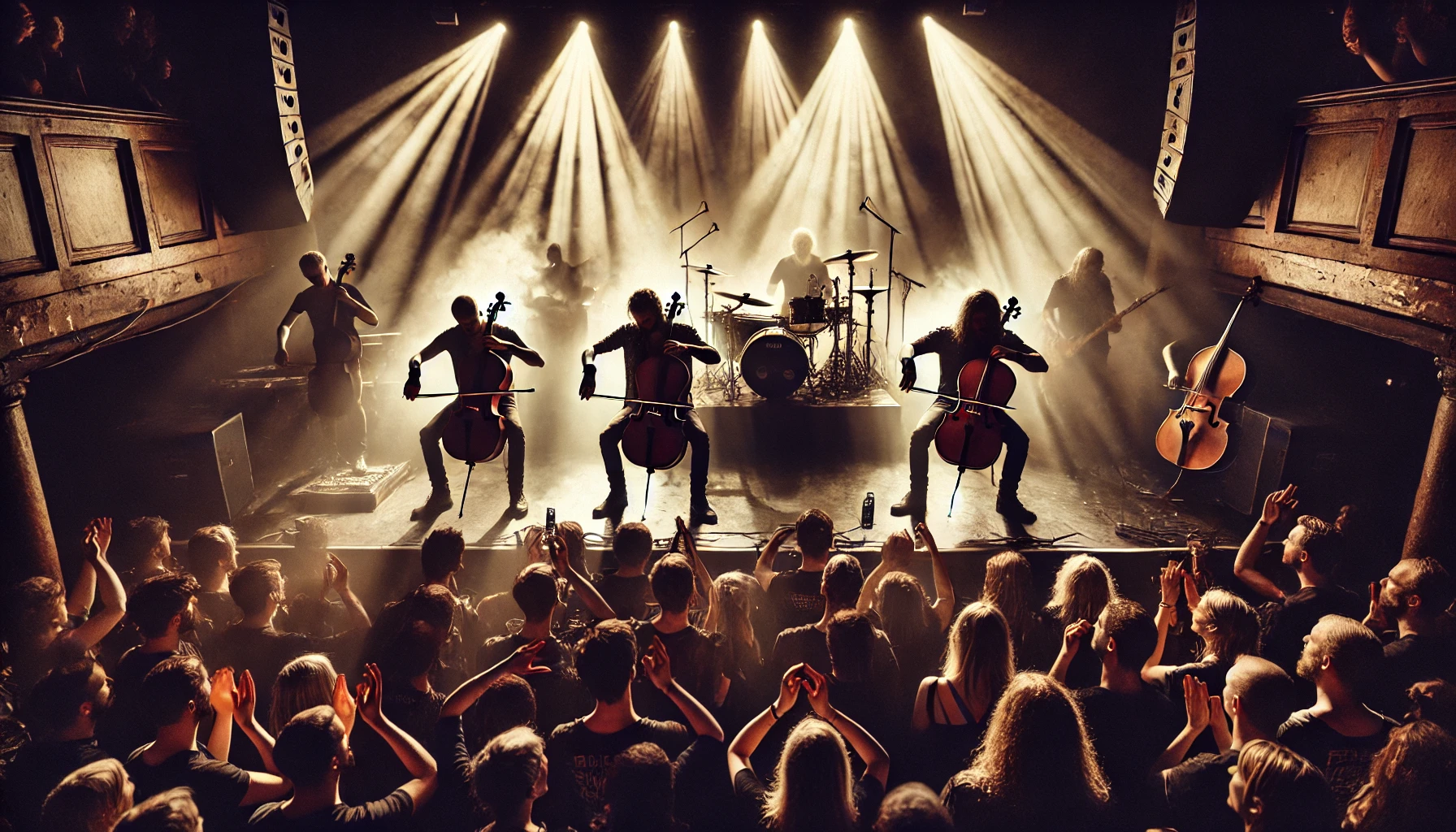 Apocalyptica performing live at Amager Bio in Copenhagen, the stage dramatically lit as cellists play intensely, while the crowd is engaged, raising hands in the dark venue.