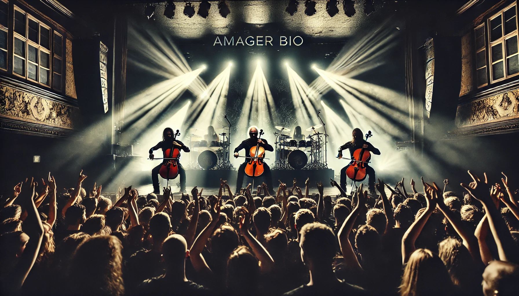 Apocalyptica performing live at Amager Bio in Copenhagen, illuminated by dramatic stage lighting, with cellists playing passionately and an energetic crowd raising their hands.