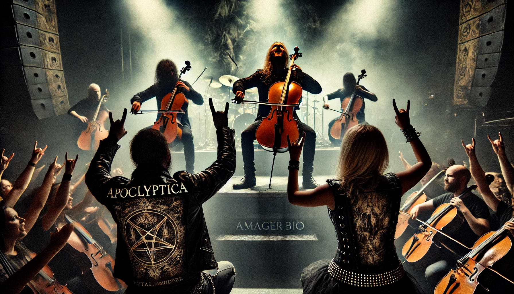 Apocalyptica performing live at Amager Bio, with a metalhead man and woman in the foreground raising their hands in front of the cello-playing musicians under moody lighting.