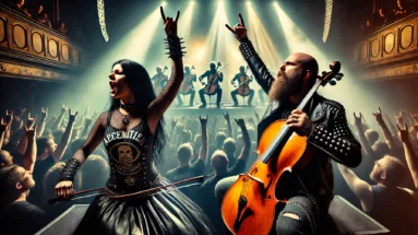 Vibrant scene of Apocalyptica performing at Amager Bio, with a metalhead man and woman in the foreground immersed in the concert, lit by dramatic stage lights.