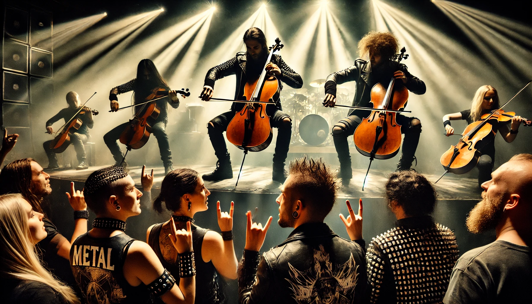 Dynamic live concert of Apocalyptica at Amager Bio, with dramatic lighting highlighting the musicians playing cellos, and a metalhead man and woman in the crowd raising their hands.
