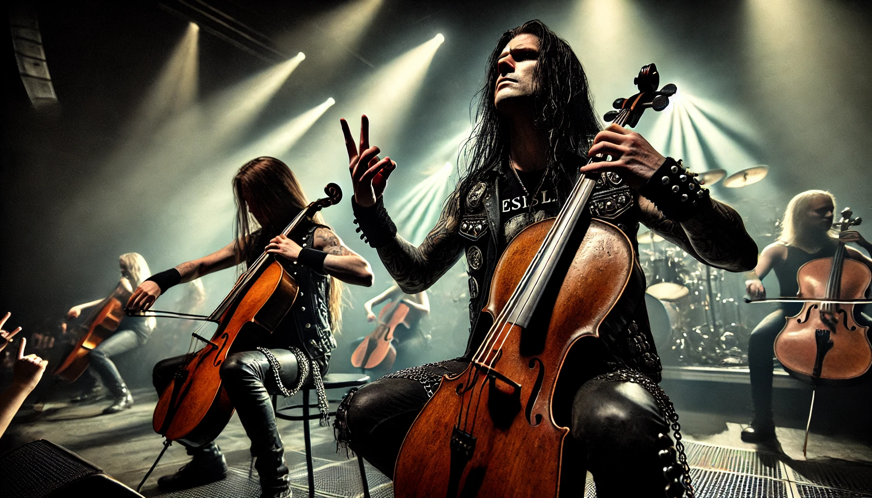 Powerful live scene of Apocalyptica at Amager Bio, with musicians playing cellos passionately under moody lighting, and a metalhead audience fully immersed in the concert.