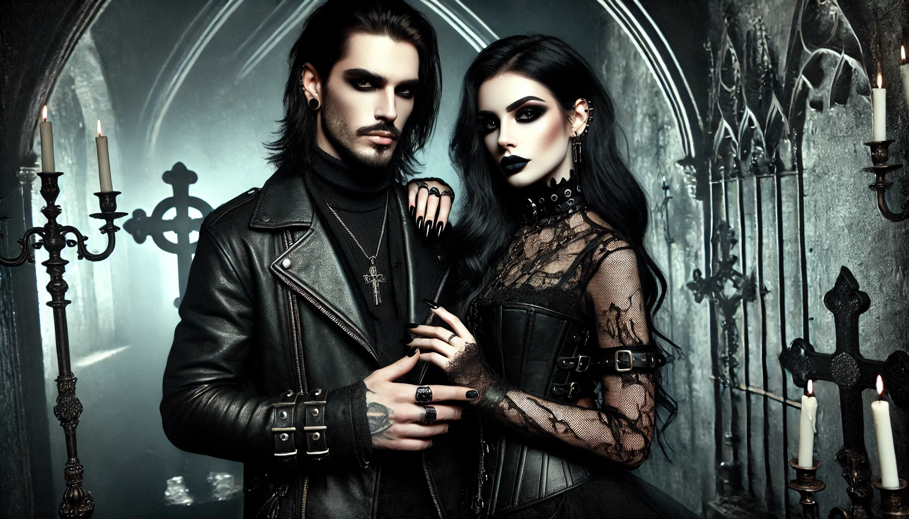 A gothic couple standing in an eerie, dark setting under a full moon. Dressed in black leather and lace, with smoky eye makeup and long black nails, they evoke the haunting beauty and rebellion of goth culture.