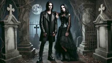 A gothic couple sitting side by side, their black clothing and somber demeanor an expression of the raw emotional depth of goth culture. With long black hair, dark makeup, and heavy boots, they are a hauntingly beautiful vision.