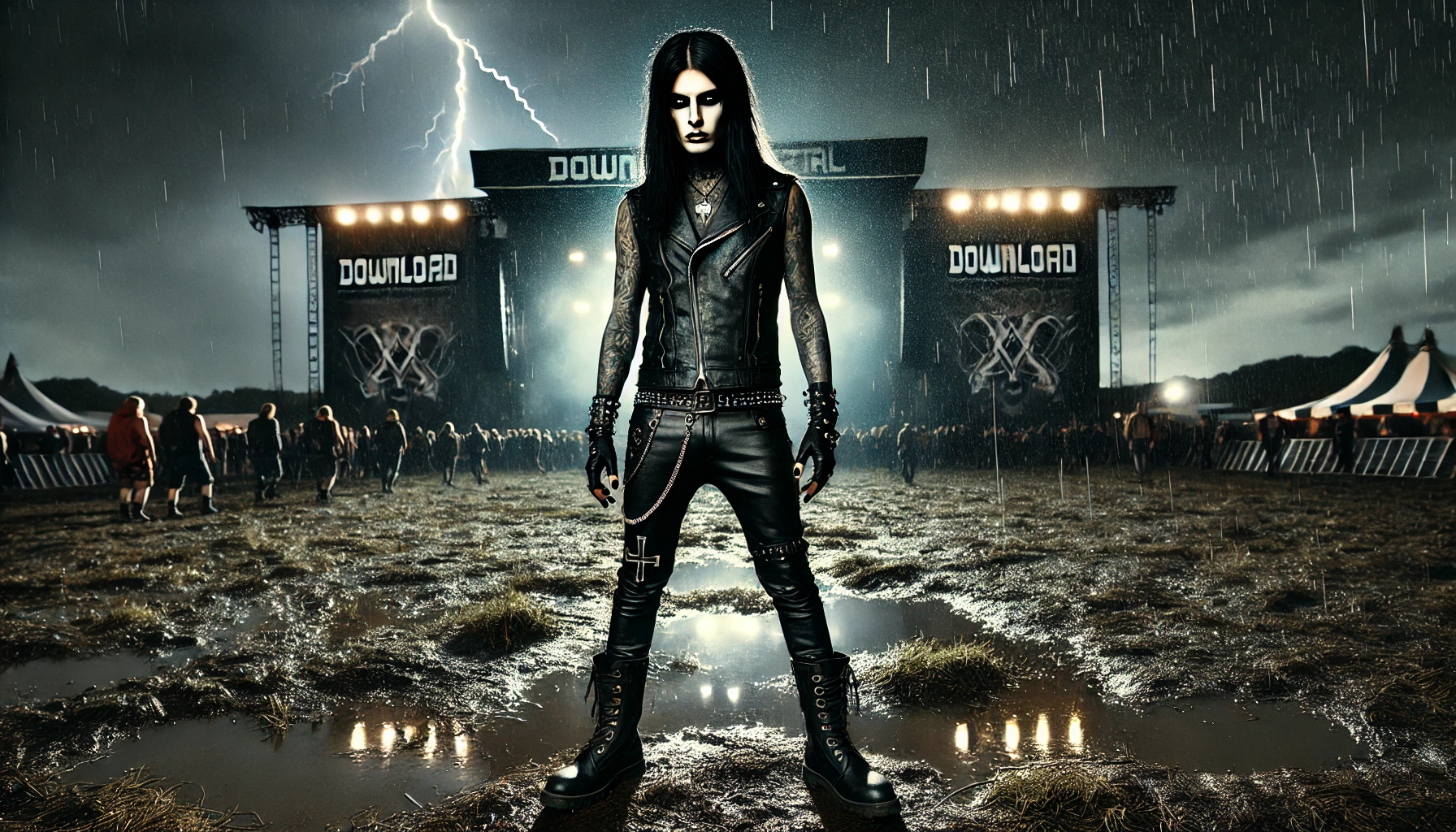 A black metalhead/goth man at Download Festival 2024, standing confidently in leather pants and boots. The festival’s muddy, rain-soaked grounds are illuminated by distant lights as lightning streaks through the stormy night sky.