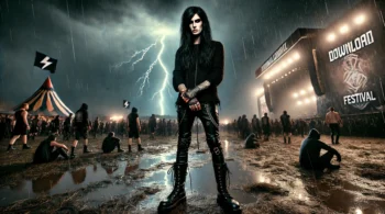 A black metalhead/goth man with long black hair, wearing leather pants and boots, stands confidently in the rain at Download Festival 2024. The festival is set at night, with stormy skies, lightning, and festivalgoers surrounding him in the muddy grounds.