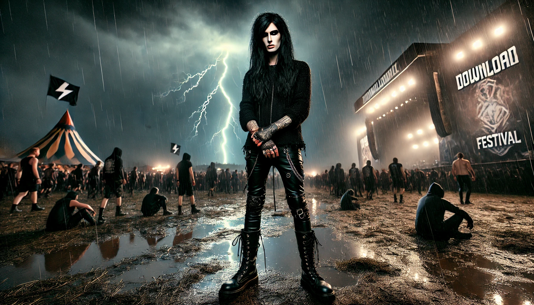 A black metalhead/goth man with long black hair, wearing leather pants and boots, stands confidently in the rain at Download Festival 2024. The festival is set at night, with stormy skies, lightning, and festivalgoers surrounding him in the muddy grounds.