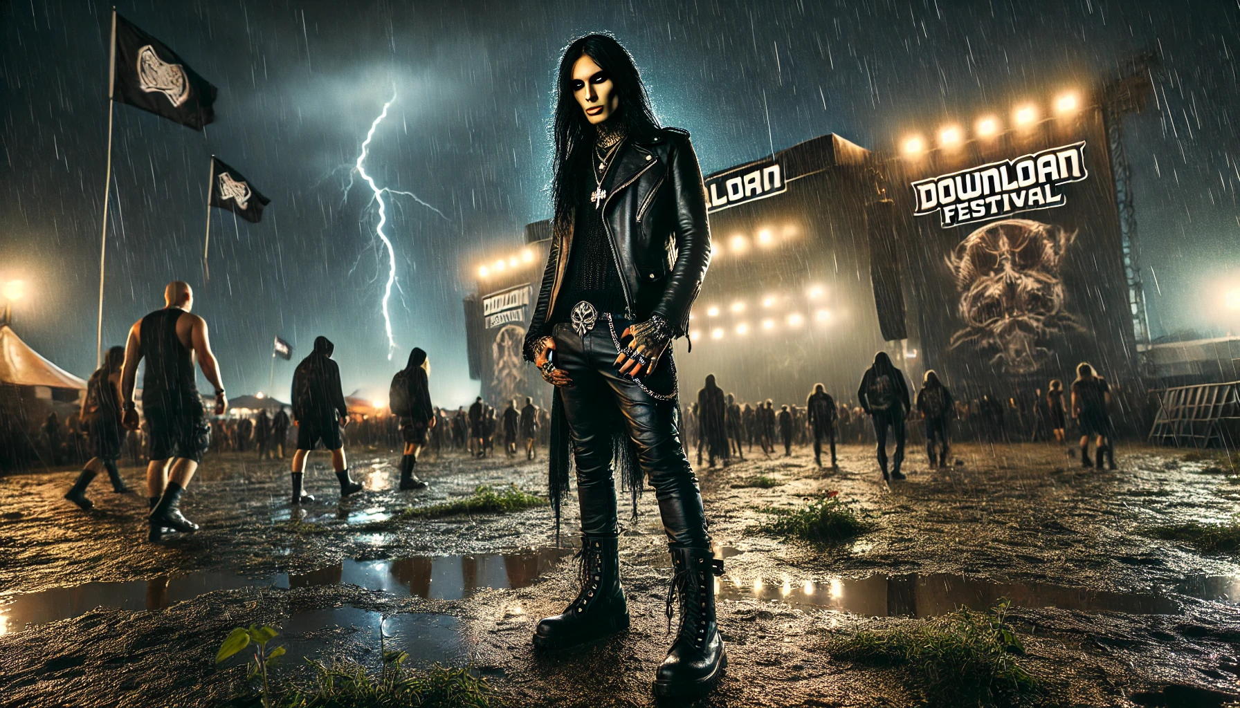 A black metalhead/goth man at Download Festival 2024, standing with a stormy, rainy backdrop. He wears leather pants, boots, and heavy smokey eye makeup. The muddy festival grounds and lightning create an intense, gothic atmosphere.