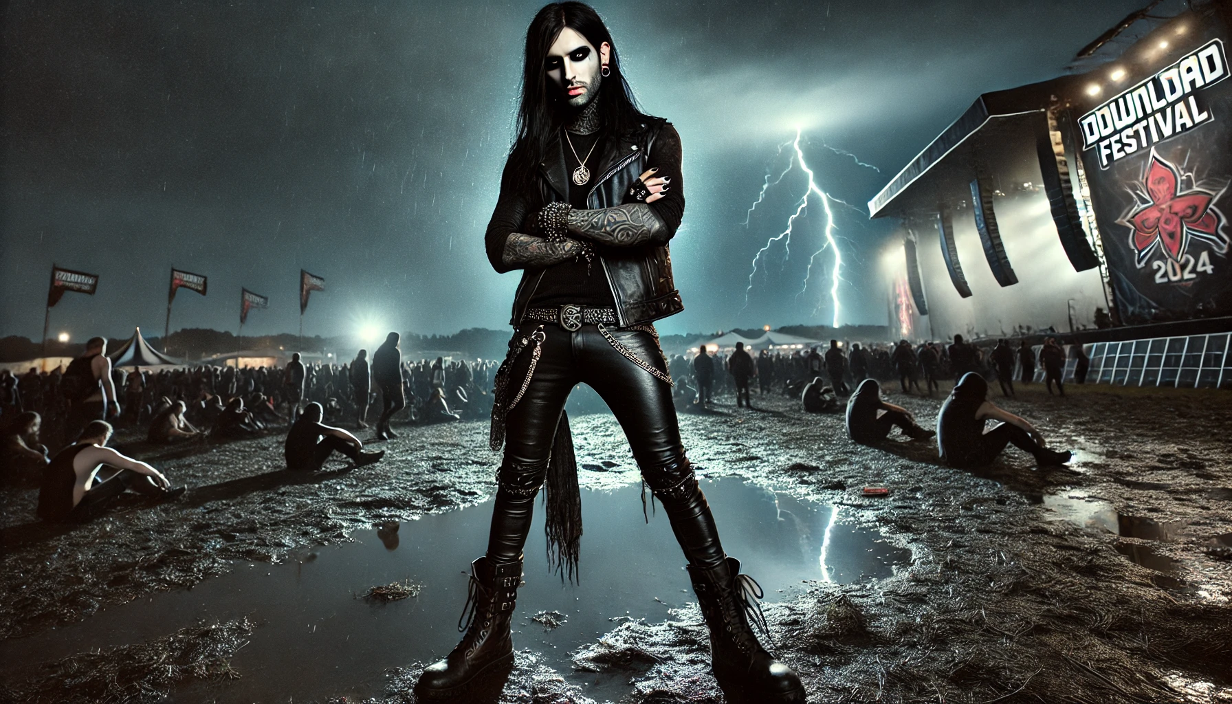 A black metalhead/goth man at Download Festival 2024, dressed in leather pants and boots, standing in the rain with lightning cracking through the sky. The moody festival grounds and distant lights capture the raw, chaotic energy of the event.
