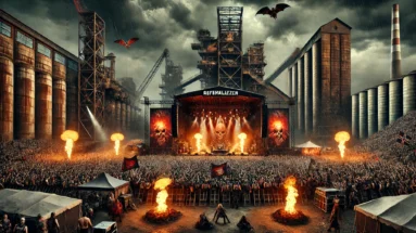 Metalheads gathered at Copenhell 2025 with fiery pyrotechnics on stage, surrounded by industrial structures and a stormy, blood-red sky, with bonfires and a chaotic mosh pit at the center.