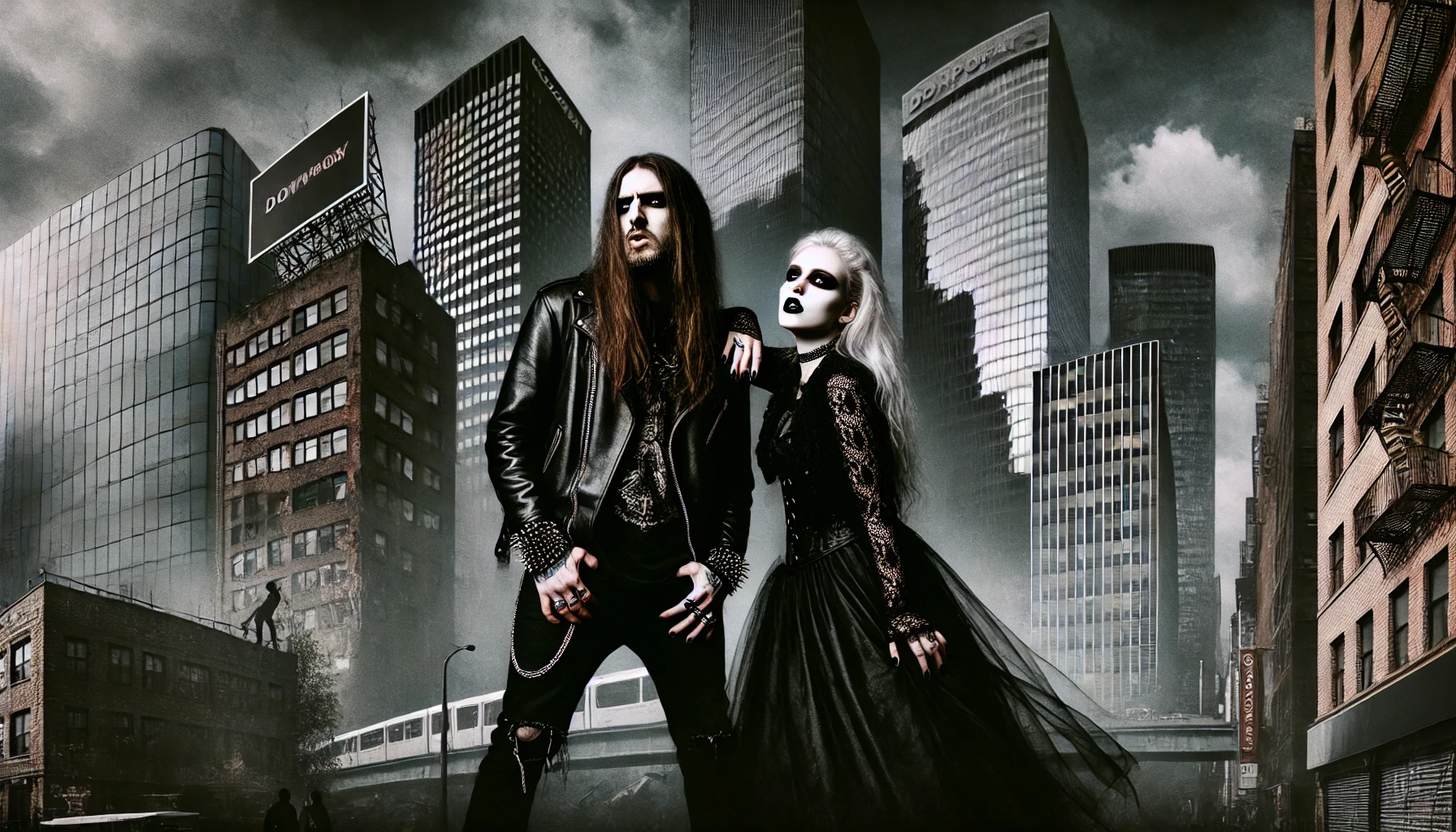 A dark and provocative scene featuring a metalhead man and gothic woman standing together in defiance, with corporate skyscrapers looming behind them. The gritty cityscape and urban decay represent the fight against the influence of big businesses.