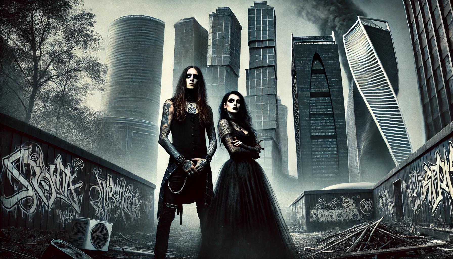 A bold and intense scene featuring a metalhead man with long hair and tattoos, alongside a gothic woman in a flowing black dress, standing in front of towering corporate skyscrapers covered in graffiti. The atmosphere is dark and dystopian, representing resistance to corporate power.