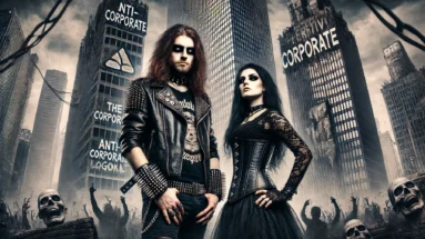 Anti-Corporate Activism Against Political Influence of Big Businesses: The Underground Resistance: A powerful and rebellious scene showing a metalhead man in a leather jacket and a gothic woman in a corset, standing in front of decaying corporate buildings with anti-corporate slogans. The gritty atmosphere emphasizes defiance and rebellion against corporate greed.
