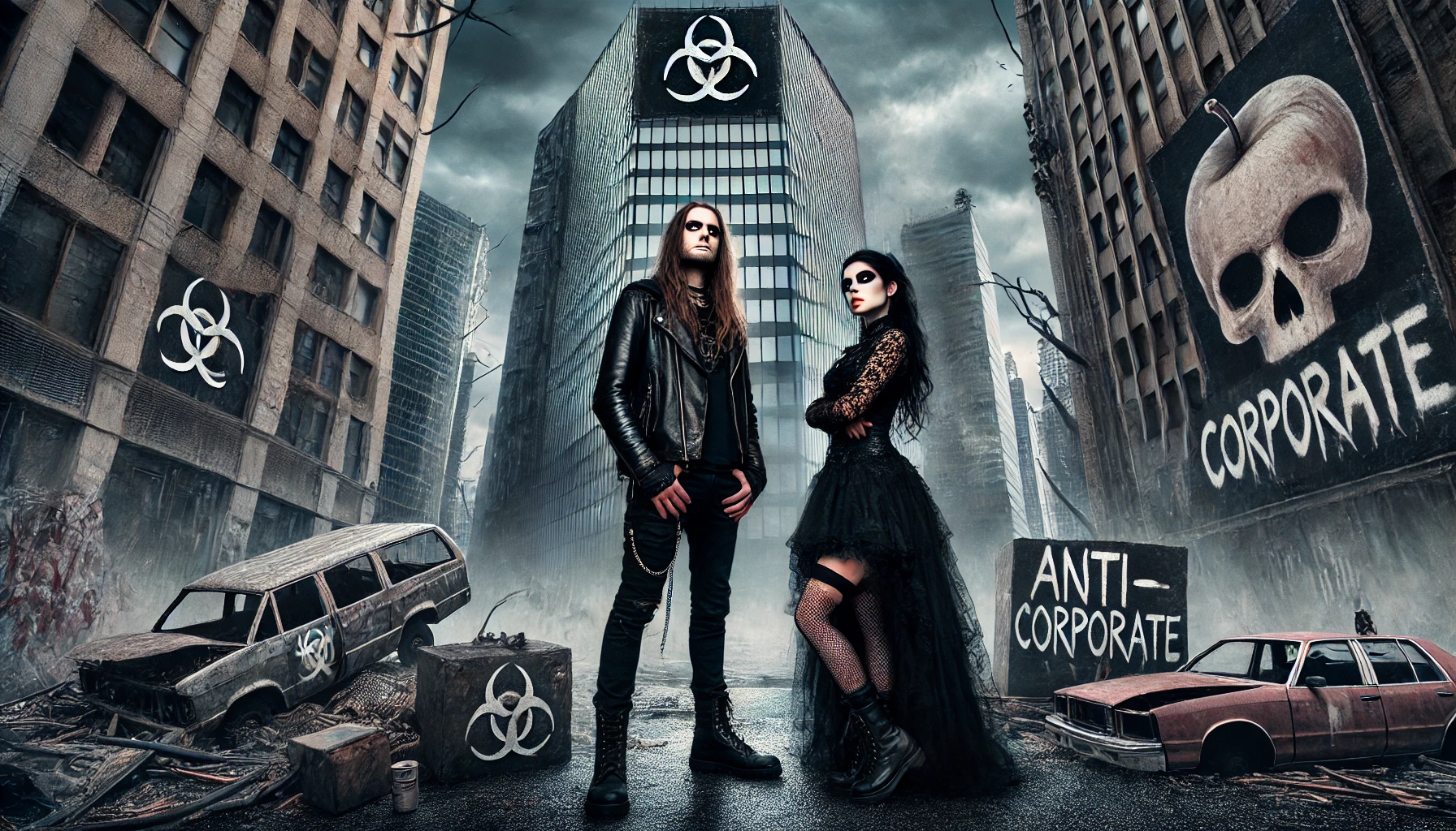 A dark and rebellious image of a metalhead man and gothic woman standing defiantly in a dystopian cityscape filled with biohazard symbols and crumbling corporate buildings. Anti-corporate slogans adorn the walls, symbolizing resistance against big businesses.