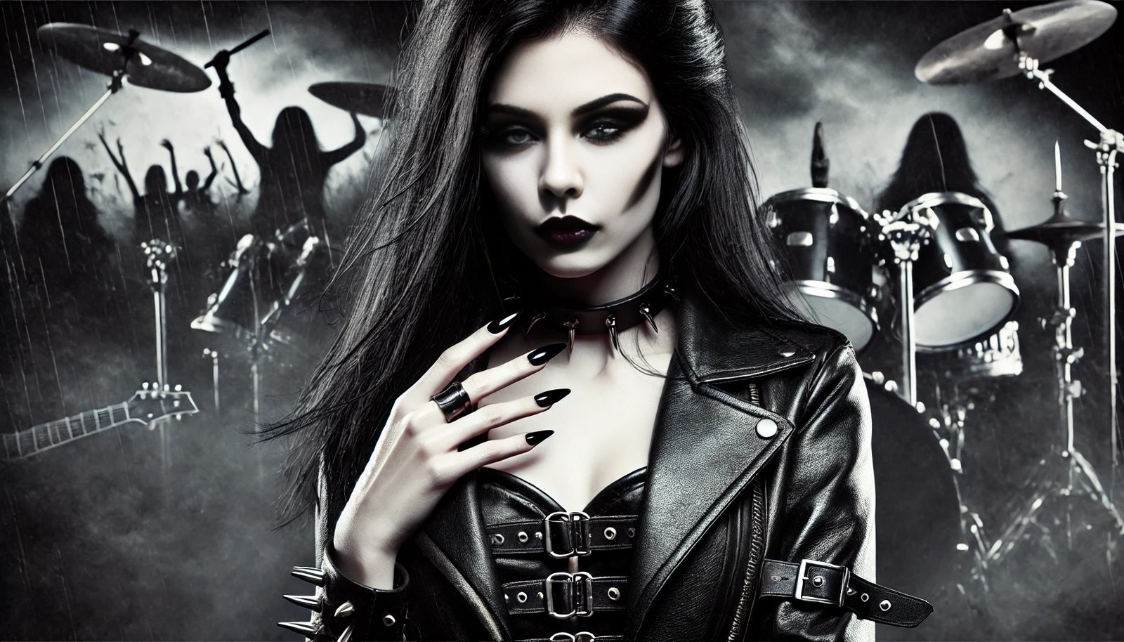 Black metalhead woman with long black hair, smokey eye makeup, and long black nails, wearing a leather corset and jacket, with a concert-like backdrop.