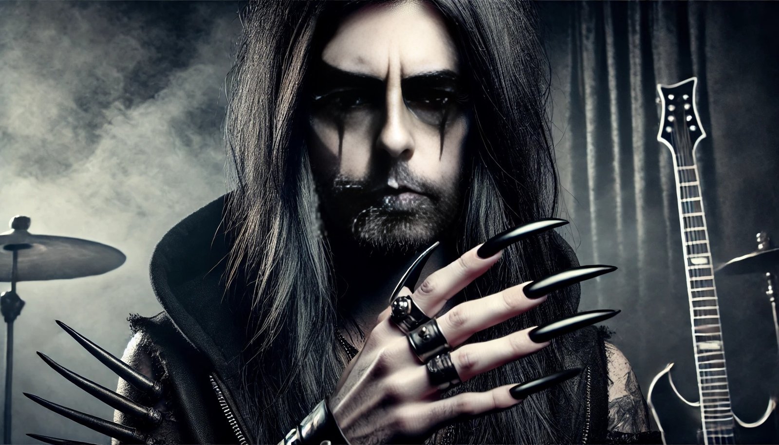 Black metalhead man with long black hair, smokey eye makeup, and long black nails, posing in front of a dark, smoky backdrop with musical instruments.