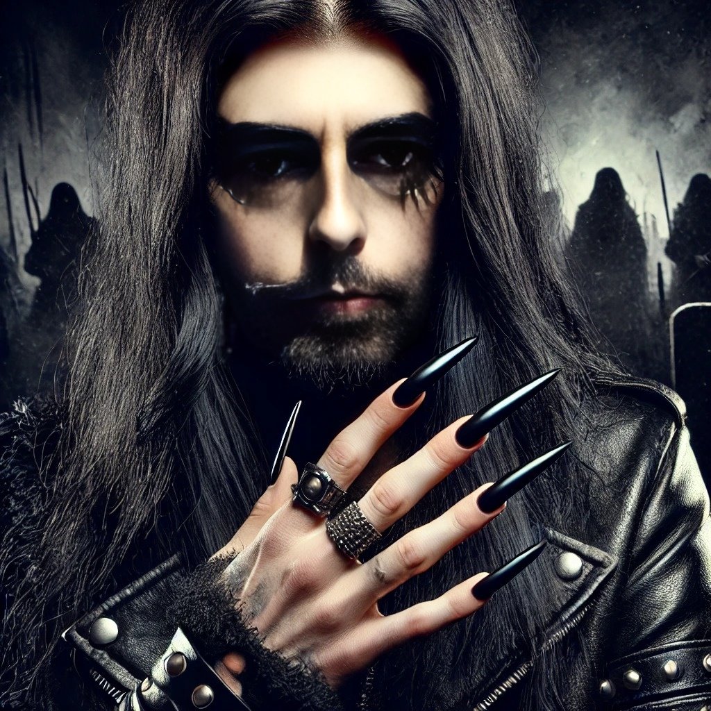Black metalhead man with long black hair, smokey eye makeup, and long black nails, dressed in a leather jacket, with a dark and intense background.