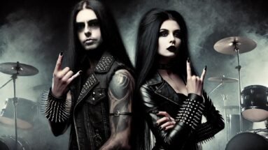 Black metalhead man and woman, both with long black hair, smokey eye makeup, and wearing all leather, posing together with a drum set in the background.