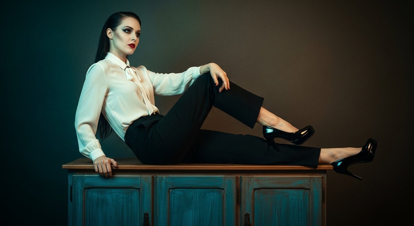 Woman in white blouse and black pants reclining on a wooden cabinet, red lips and sleek hair in cinematic lighting.