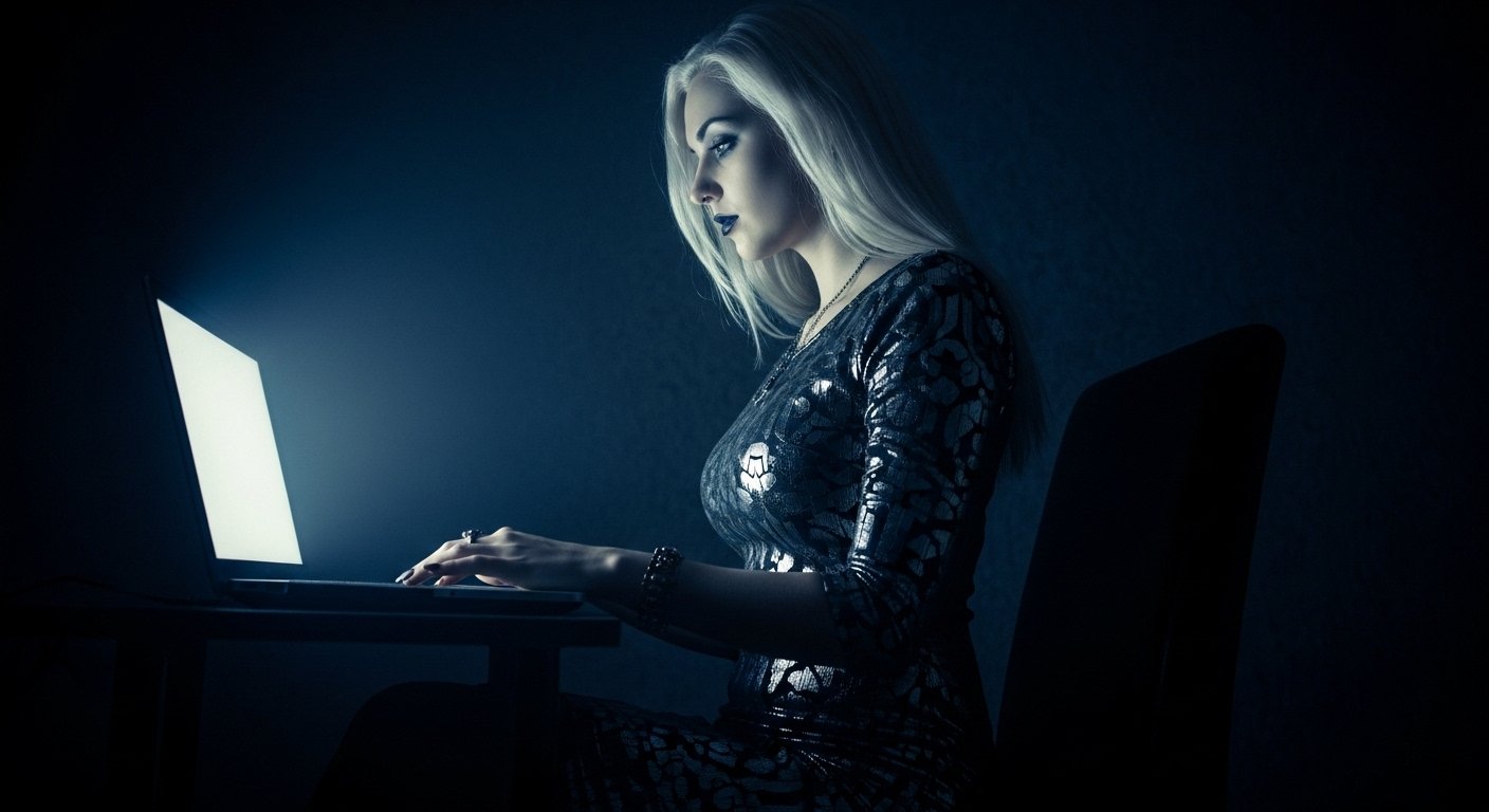 Blonde woman in metallic dress working on a glowing laptop in a dark room, blue light reflecting on her face.