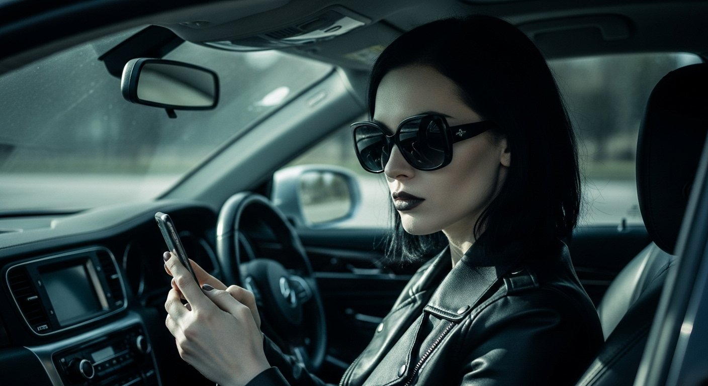 Gothic woman in sunglasses and leather jacket using a phone while sitting in the driver’s seat of a car.