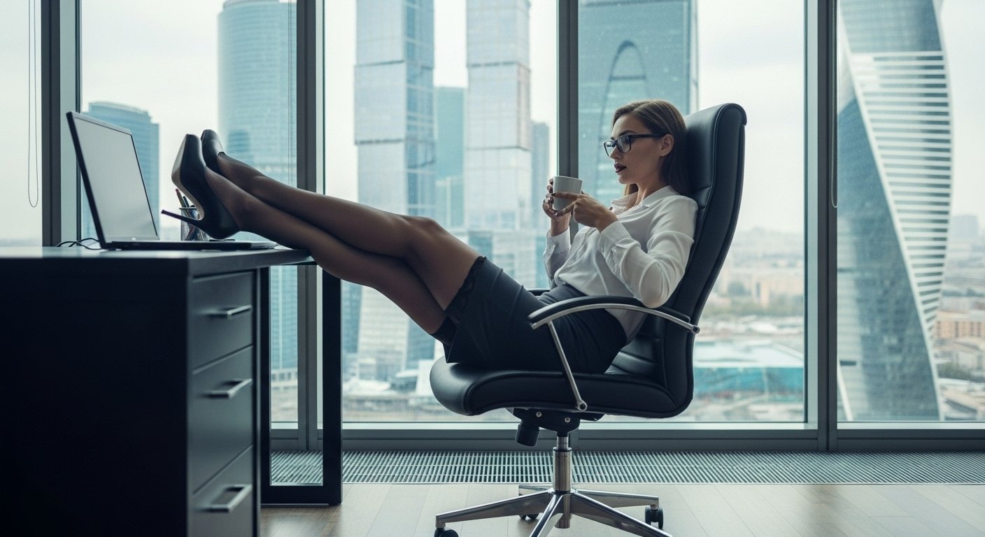 Businesswoman in white blouse and skirt relaxing in a high-rise office chair with legs on desk, drinking coffee. 