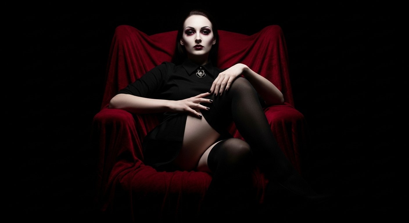 Pale gothic woman in black dress and stockings reclining on a red velvet chair, surrounded by deep shadows.