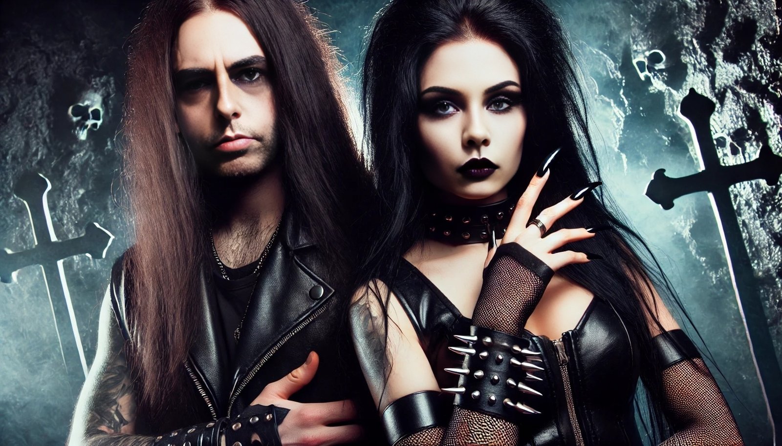 Black metalhead man and woman, both with long black hair, smokey eye makeup, and wearing all leather, standing in front of a dark, intense backdrop with crosses and skulls.