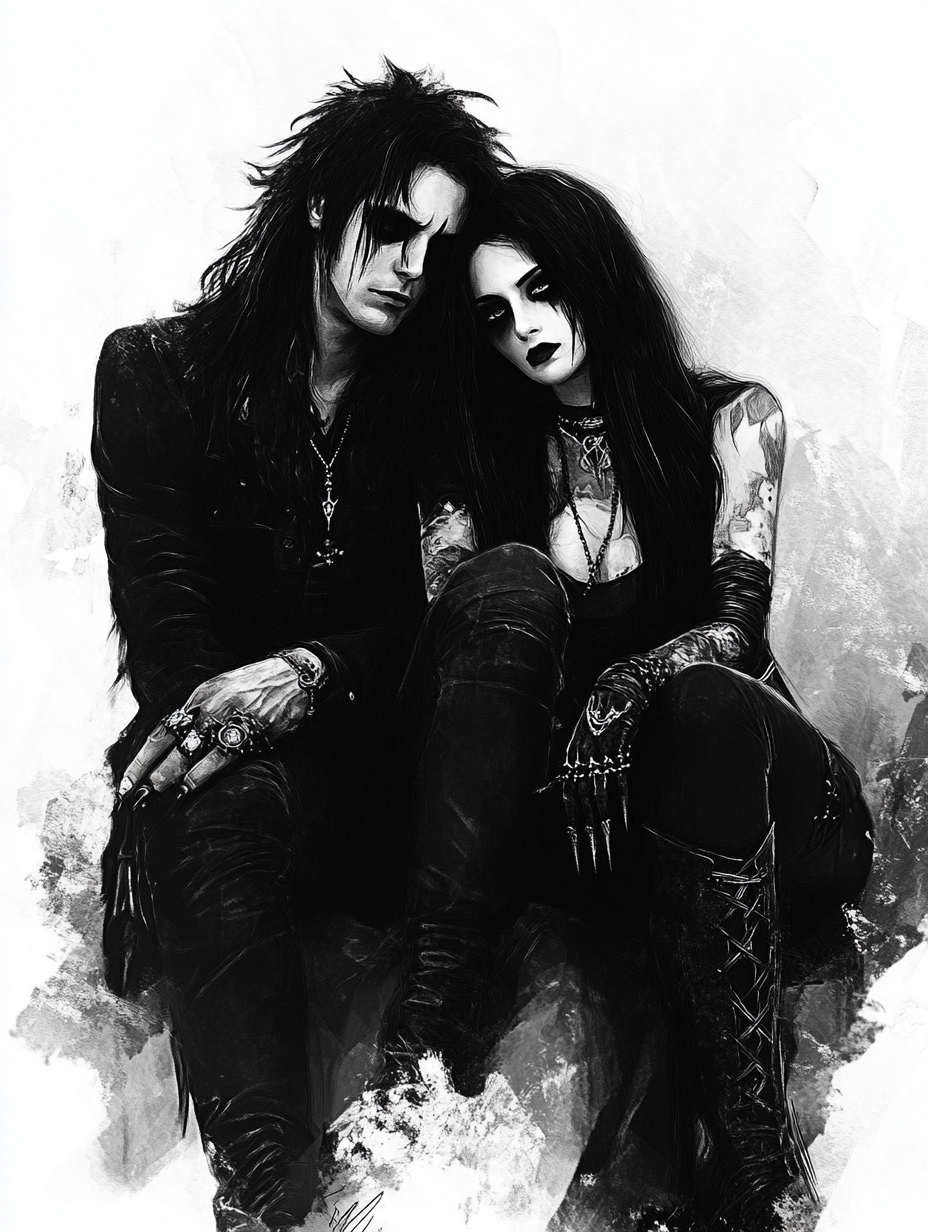 A gothic man and woman standing in a dim, atmospheric space, their black clothing and intense presence underscored by gothic architecture. With long black hair, smoky eyes, and dark nails, they exude the dark elegance of goth culture.