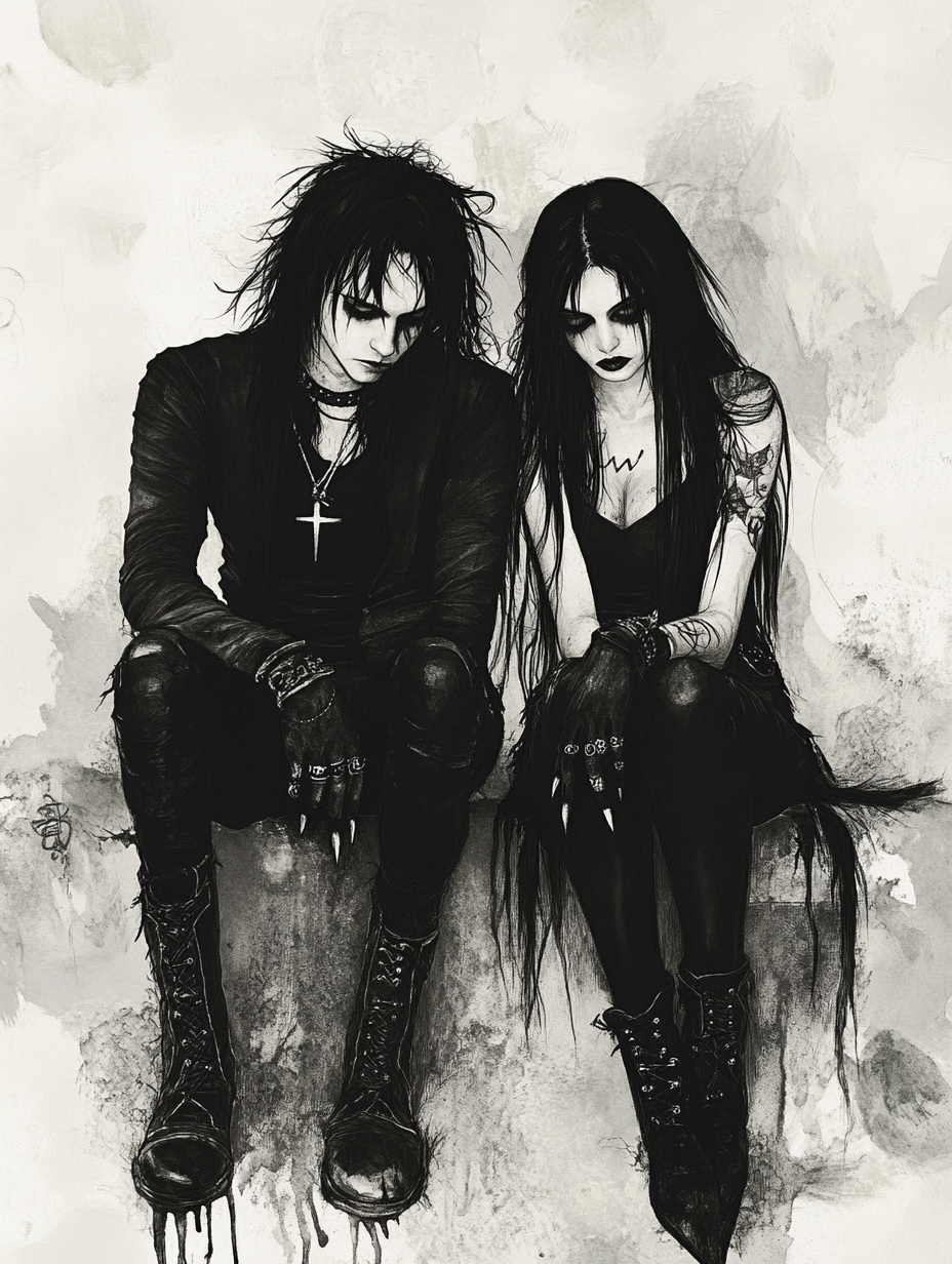 A gothic couple standing in a melancholic pose, their dark attire and long black hair defining their connection to the authentic emotional and aesthetic depths of goth culture. The somber, eerie atmosphere amplifies their mysterious presence. 