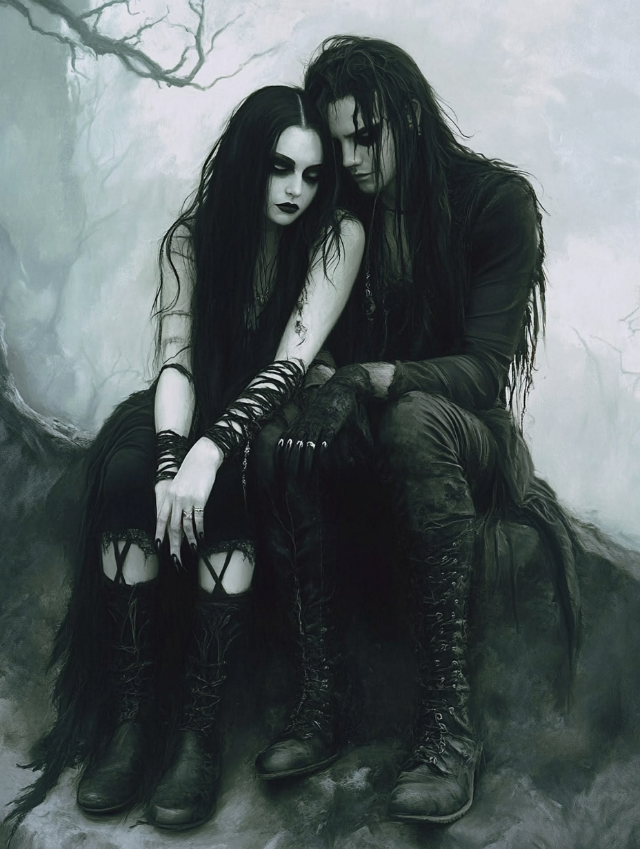 A gothic couple sitting in a misty, eerie landscape, embodying the somber elegance of goth culture. With their long black hair, dark makeup, and heavy boots, they reflect the depth and authenticity of the gothic aesthetic.