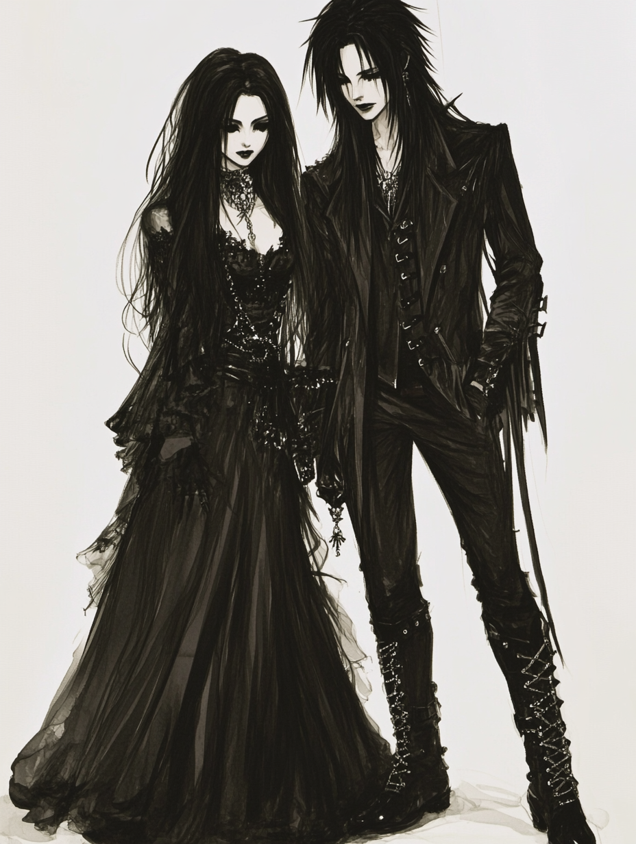 A stunning gothic couple dressed in black lace and leather, their long black hair and smoky eye makeup creating a hauntingly beautiful presence. Standing together in an eerie gothic setting, they capture the essence of dark romance. 