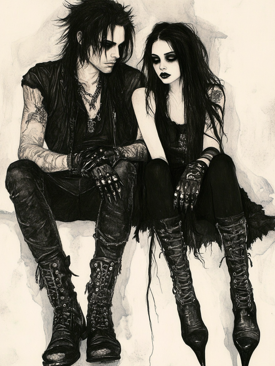 A gothic couple sitting close, their intense gaze and dark attire evoking the deep emotional and artistic core of goth culture. With black nails, boots, and intricate gothic fashion, they embody the beauty of darkness.