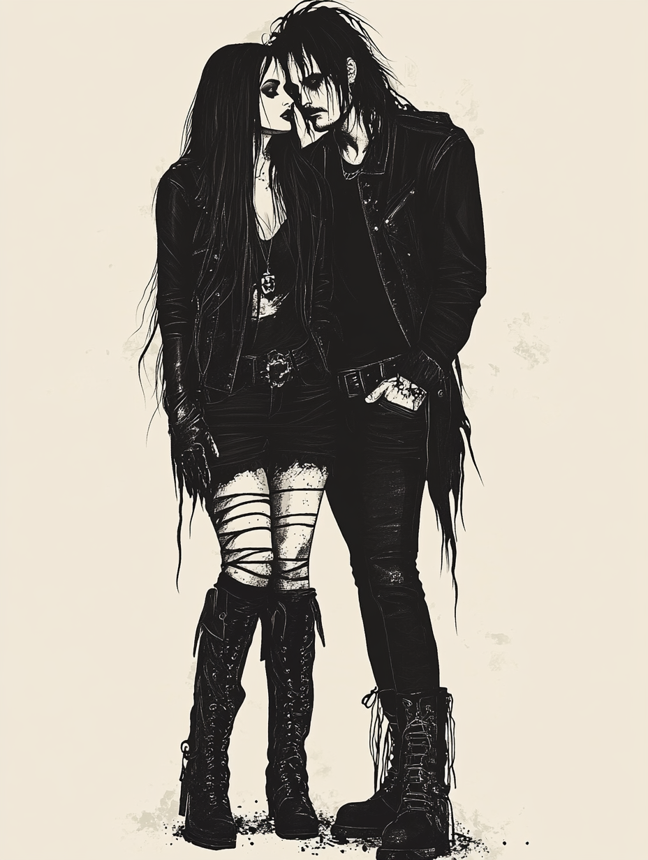 A striking gothic couple in a romantic embrace, both adorned in dark fashion with black nails, heavy boots, and long black hair. Their powerful presence against a gothic background enhances the mystique of the goth lifestyle.