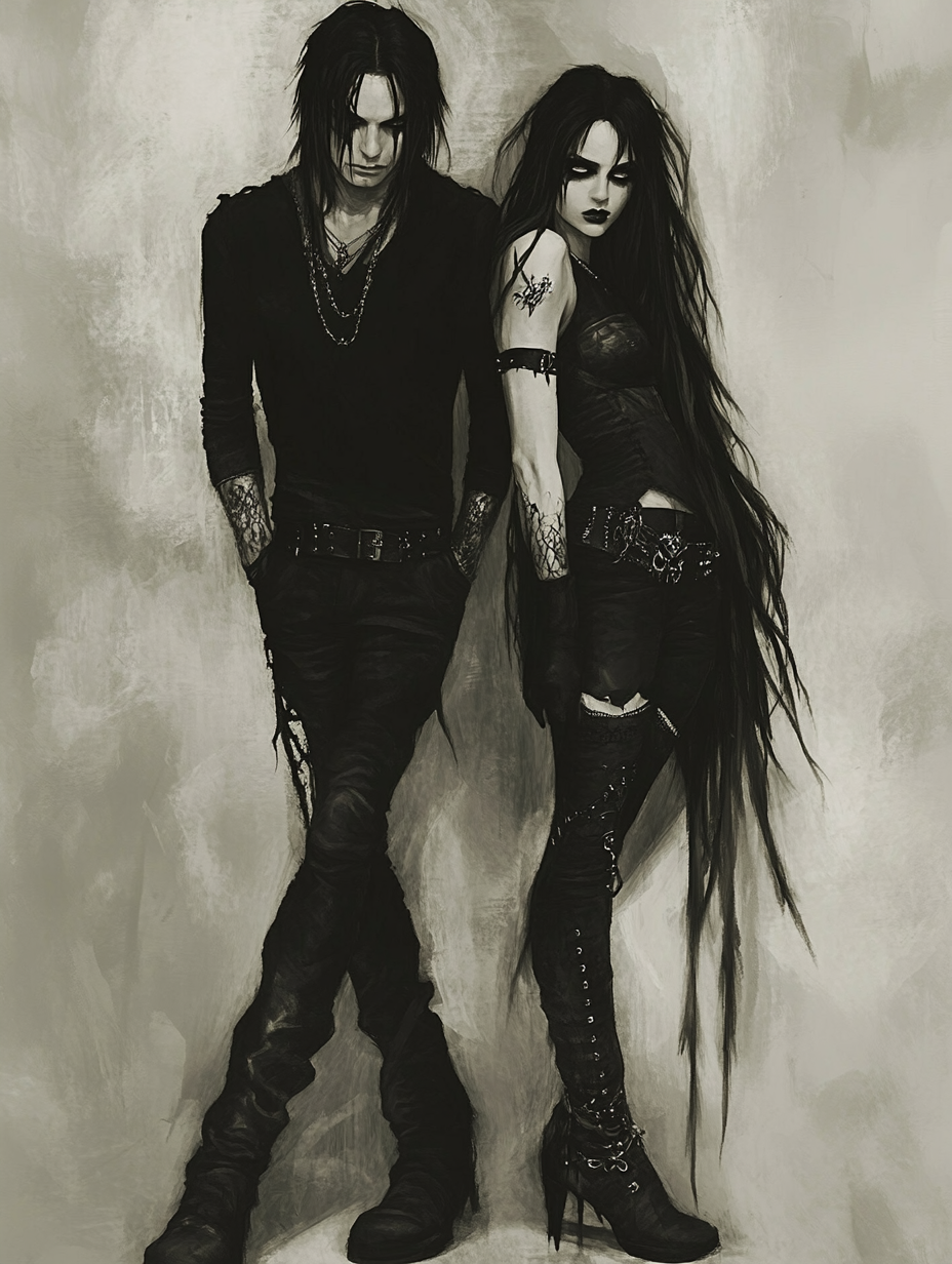 A gothic couple standing together in front of ancient ruins, their black attire and intense expressions reflecting their connection to the deeper, more emotional aspects of goth culture. Their long black nails and flowing black lace add to the dark aesthetic.