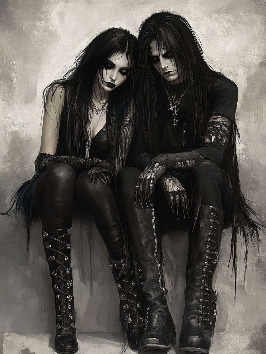 A gothic couple standing solemnly, their black lace and leather outfits contrasting against a pale background. Their somber expressions and long black hair capture the melancholic beauty of goth culture, filled with emotional depth and raw honesty.