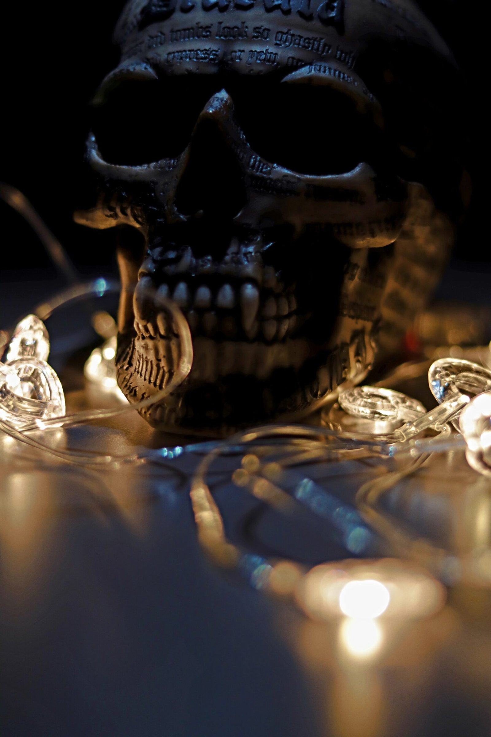 Gothic skull adorned with text and surrounded by fairy lights.