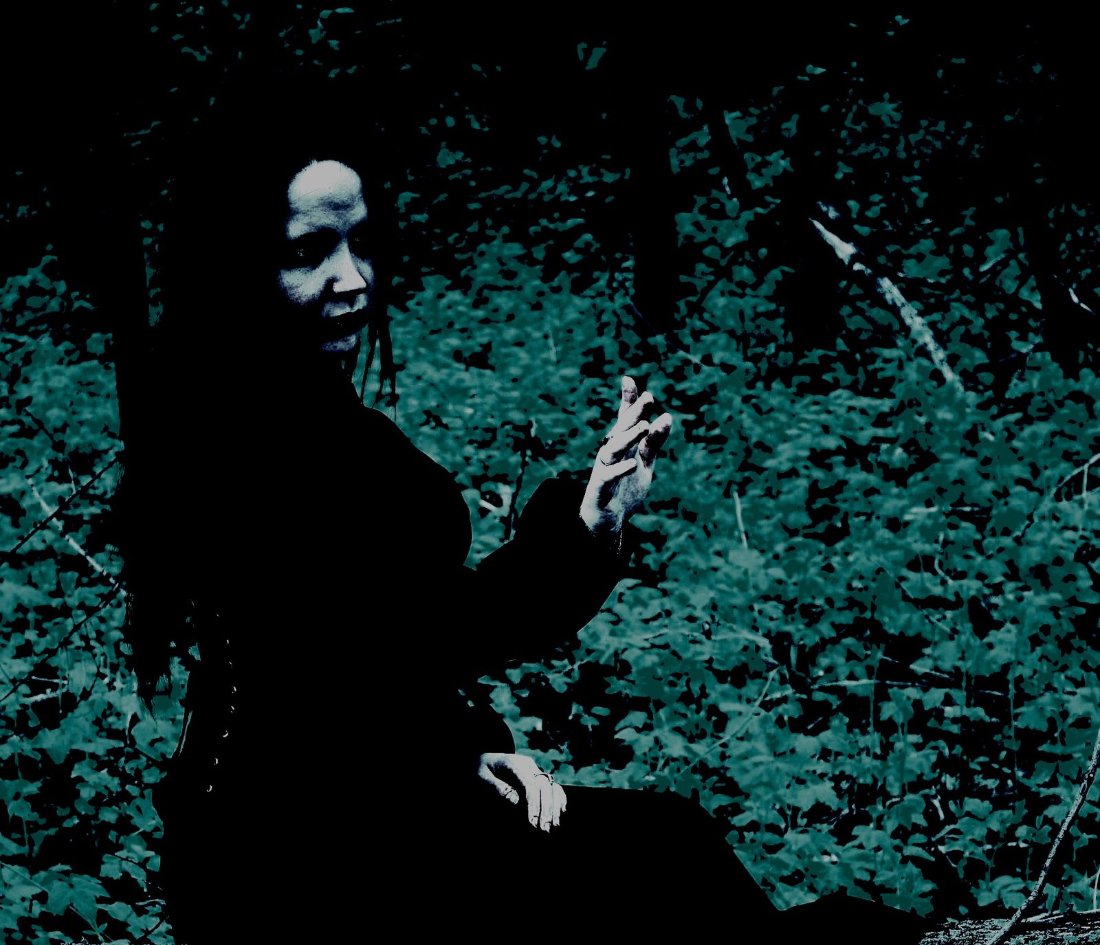 Mysterious woman in a gothic black dress standing in a dark forest, illuminated by eerie lighting.