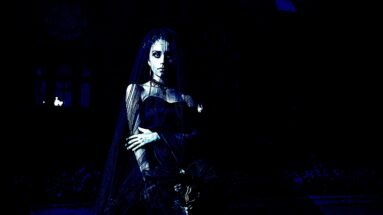 A gothic woman dressed in a dark veil and flowing Victorian-style dress, standing solemnly in front of a shadowy, gothic building.